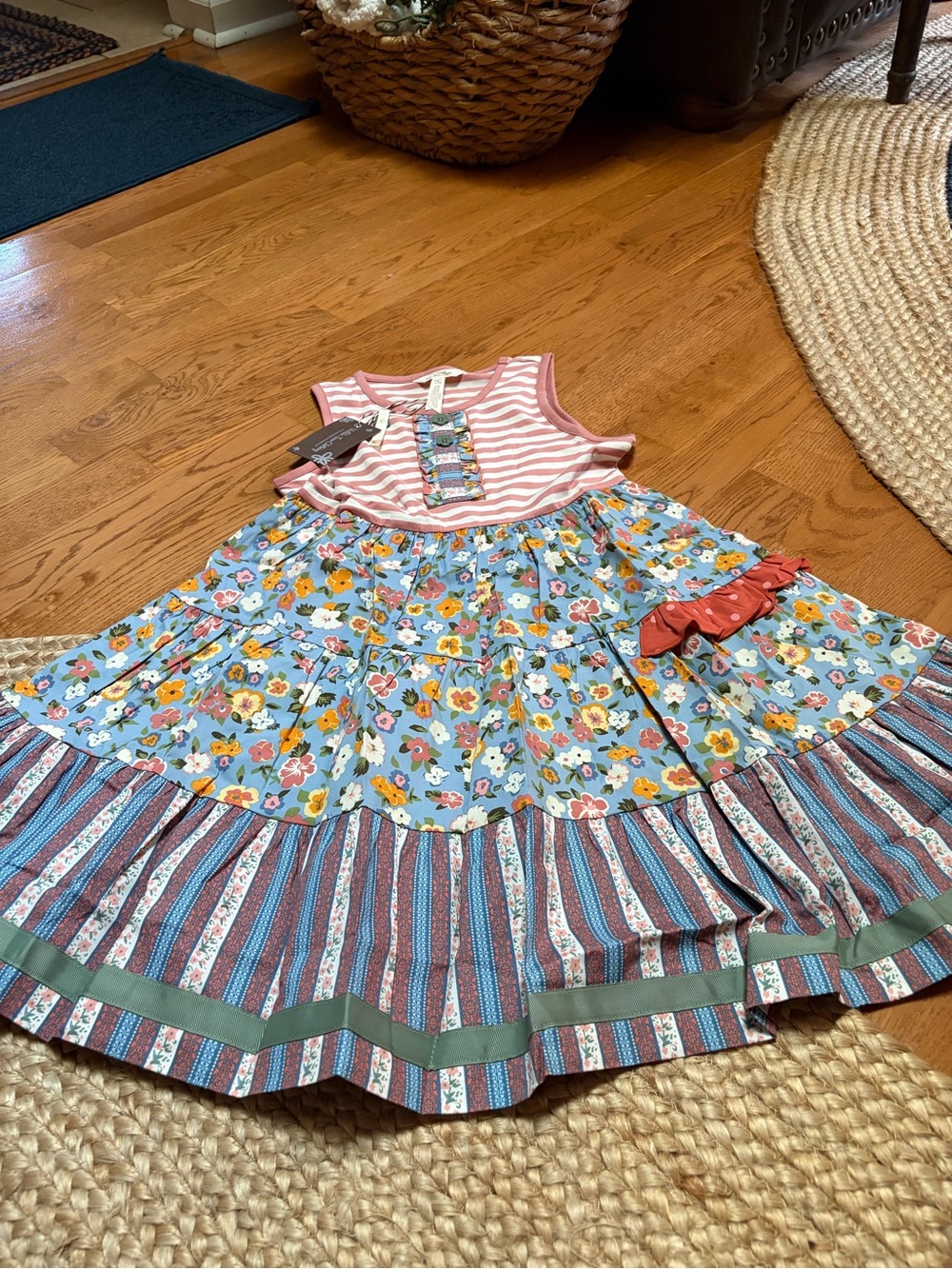 Matilda Jane Pink Striped Bodice with Blue Floral Tiered Skirt Dress